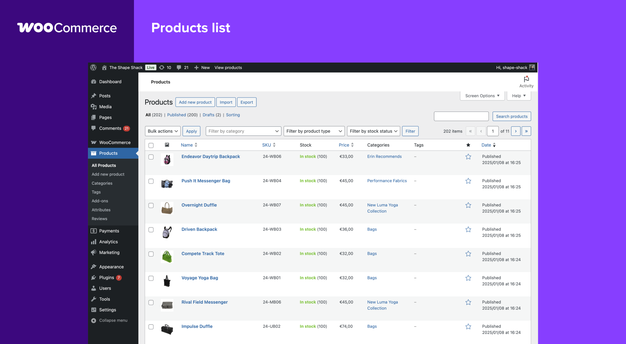 WooCommerce products dashboard